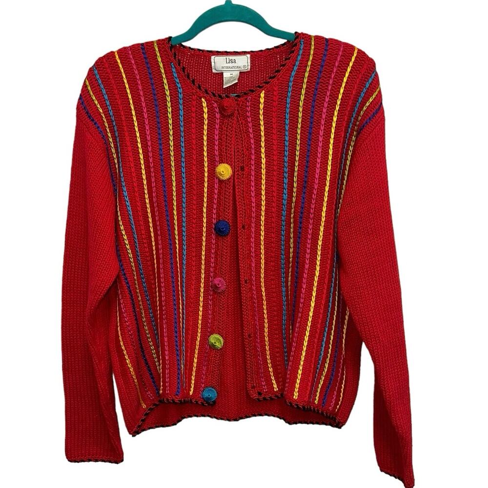 Vintage Lisa International Colorful Striped Knit Cardigan Medium Red Button